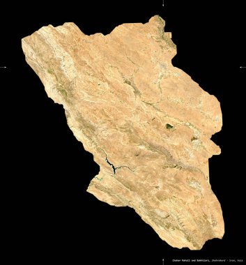 Chahar Mahall ve Bakhtiari, İran vilayeti. Sentinel-2 uydu görüntüleri. Siyah üzerine izole edilmiş şekil. Tanımı, başkentin yeri. Değiştirilmiş Kopernik Sentinel verileri içerir