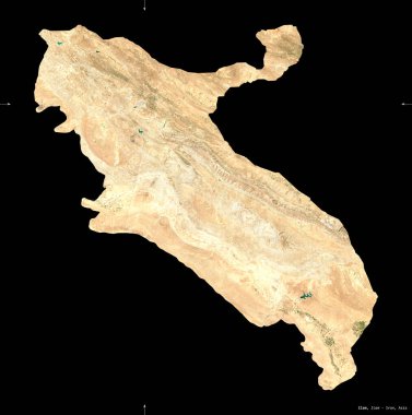 Ilam, İran vilayeti. Sentinel-2 uydu görüntüleri. Siyah üzerine izole edilmiş şekil. Tanımı, başkentin yeri. Değiştirilmiş Kopernik Sentinel verileri içerir