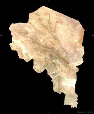 Kerman, İran Eyaleti. Sentinel-2 uydu görüntüleri. Siyah üzerine izole edilmiş şekil. Tanımı, başkentin yeri. Değiştirilmiş Kopernik Sentinel verileri içerir