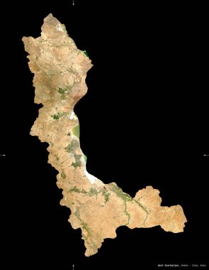 Batı Azarbaycan, İran vilayeti. Sentinel-2 uydu görüntüleri. Siyah üzerine izole edilmiş şekil. Tanımı, başkentin yeri. Değiştirilmiş Kopernik Sentinel verileri içerir