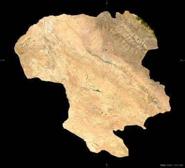 Zanjan, İran vilayeti. Sentinel-2 uydu görüntüleri. Siyah üzerine izole edilmiş şekil. Tanımı, başkentin yeri. Değiştirilmiş Kopernik Sentinel verileri içerir