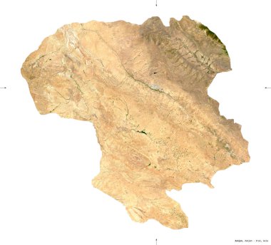 Zanjan, İran vilayeti. Sentinel-2 uydu görüntüleri. Beyaz katı üzerinde izole edilmiş şekil. Tanımı, başkentin yeri. Değiştirilmiş Kopernik Sentinel verileri içerir