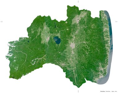 Fukushima, Japonya ili. Sentinel-2 uydu görüntüleri. Beyaz üzerinde izole edilmiş şekil. Tanımı, başkentin yeri. Değiştirilmiş Kopernik Sentinel verileri içerir