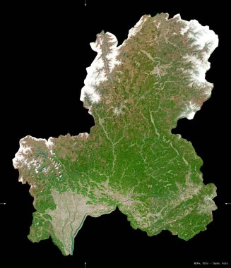 Gifu, Japonya ili. Sentinel-2 uydu görüntüleri. Siyah üzerine izole edilmiş şekil. Tanımı, başkentin yeri. Değiştirilmiş Kopernik Sentinel verileri içerir