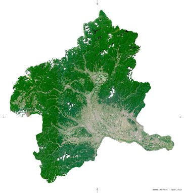 Gunma, Japonya Eyaleti. Sentinel-2 uydu görüntüleri. Beyaz üzerinde izole edilmiş şekil. Tanımı, başkentin yeri. Değiştirilmiş Kopernik Sentinel verileri içerir