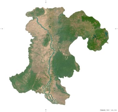 Champasak, Laos vilayeti. Sentinel-2 uydu görüntüleri. Beyaz katı üzerinde izole edilmiş şekil. Tanımı, başkentin yeri. Değiştirilmiş Kopernik Sentinel verileri içerir
