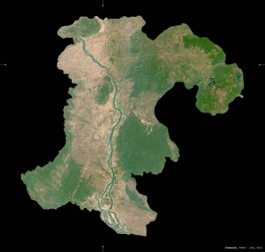 Champasak, Laos vilayeti. Sentinel-2 uydu görüntüleri. Siyah üzerine izole edilmiş şekil. Tanımı, başkentin yeri. Değiştirilmiş Kopernik Sentinel verileri içerir
