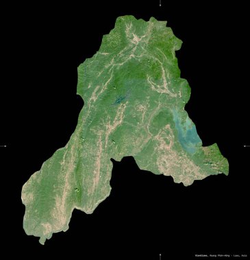 Vientiane, Laos vilayeti. Sentinel-2 uydu görüntüleri. Siyah üzerine izole edilmiş şekil. Tanımı, başkentin yeri. Değiştirilmiş Kopernik Sentinel verileri içerir
