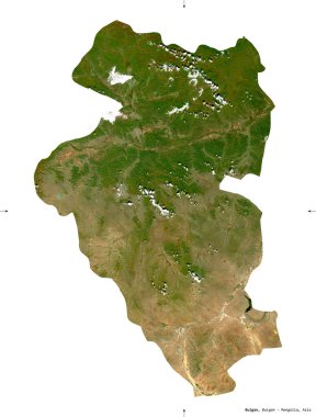 Bulgan, Moğolistan vilayeti. Sentinel-2 uydu görüntüleri. Beyaz katı üzerinde izole edilmiş şekil. Tanımı, başkentin yeri. Değiştirilmiş Kopernik Sentinel verileri içerir