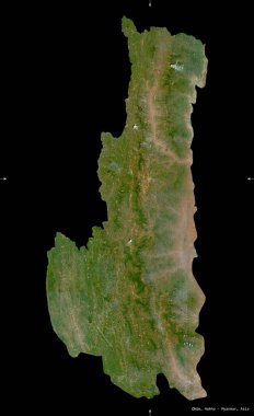 Chin, Myanmar Eyaleti. Sentinel-2 uydu görüntüleri. Siyah üzerine izole edilmiş şekil. Tanımı, başkentin yeri. Değiştirilmiş Kopernik Sentinel verileri içerir