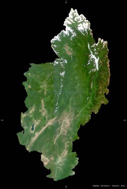 Kachin, Myanmar Eyaleti. Sentinel-2 uydu görüntüleri. Siyah üzerine izole edilmiş şekil. Tanımı, başkentin yeri. Değiştirilmiş Kopernik Sentinel verileri içerir