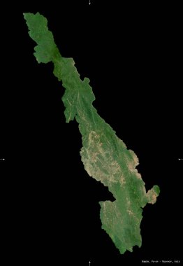 Kayin, Myanmar Eyaleti. Sentinel-2 uydu görüntüleri. Siyah üzerine izole edilmiş şekil. Tanımı, başkentin yeri. Değiştirilmiş Kopernik Sentinel verileri içerir