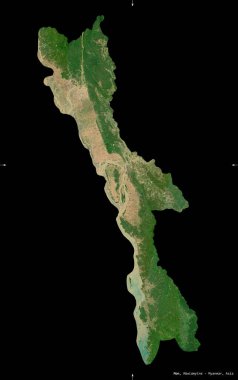 Mon, Myanmar Eyaleti. Sentinel-2 uydu görüntüleri. Siyah üzerine izole edilmiş şekil. Tanımı, başkentin yeri. Değiştirilmiş Kopernik Sentinel verileri içerir