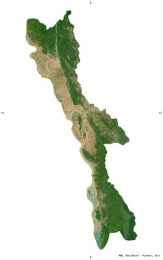 Mon, Myanmar Eyaleti. Sentinel-2 uydu görüntüleri. Beyaz katı üzerinde izole edilmiş şekil. Tanımı, başkentin yeri. Değiştirilmiş Kopernik Sentinel verileri içerir