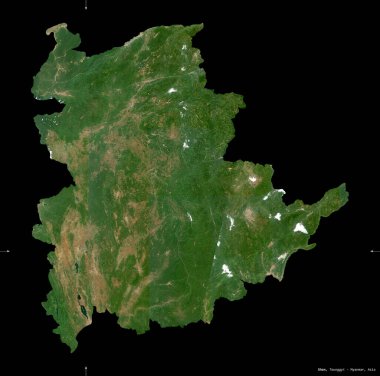 Shan, Myanmar Eyaleti. Sentinel-2 uydu görüntüleri. Siyah üzerine izole edilmiş şekil. Tanımı, başkentin yeri. Değiştirilmiş Kopernik Sentinel verileri içerir