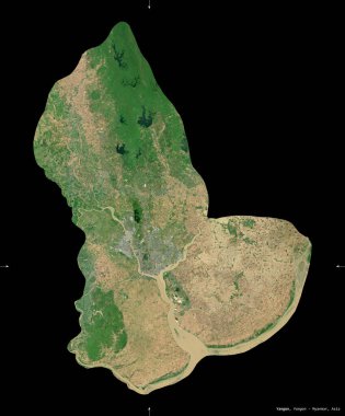 Yangon, Myanmar Bölüğü. Sentinel-2 uydu görüntüleri. Siyah üzerine izole edilmiş şekil. Tanımı, başkentin yeri. Değiştirilmiş Kopernik Sentinel verileri içerir