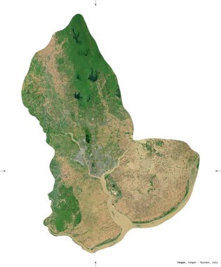 Yangon, Myanmar Bölüğü. Sentinel-2 uydu görüntüleri. Beyaz katı üzerinde izole edilmiş şekil. Tanımı, başkentin yeri. Değiştirilmiş Kopernik Sentinel verileri içerir