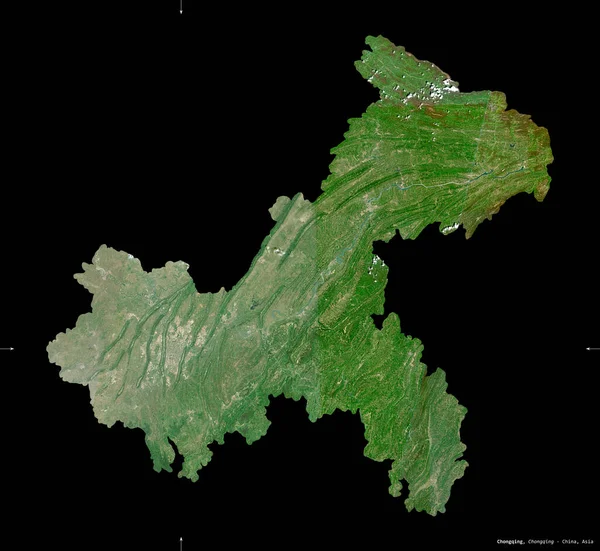 Chongqing, municipality of China. Sentinel-2 satellite imagery. Shape isolated on black. Description, location of the capital. Contains modified Copernicus Sentinel data