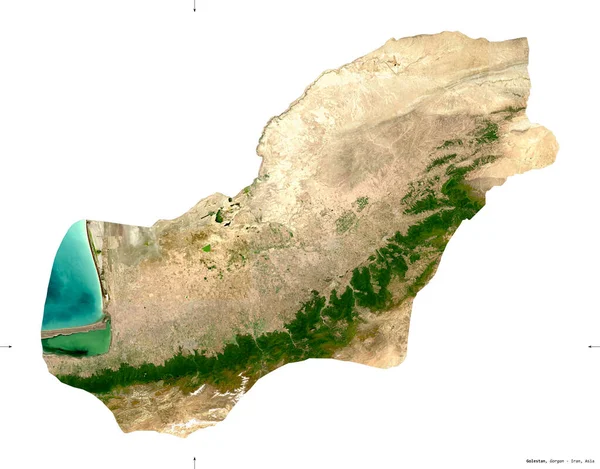 イランのゴレスタン州 センチネル 2衛星画像 白い固体に隔離された形 首都の場所 修正されたコペルニクスセンチネルデータが含まれています — ストック写真