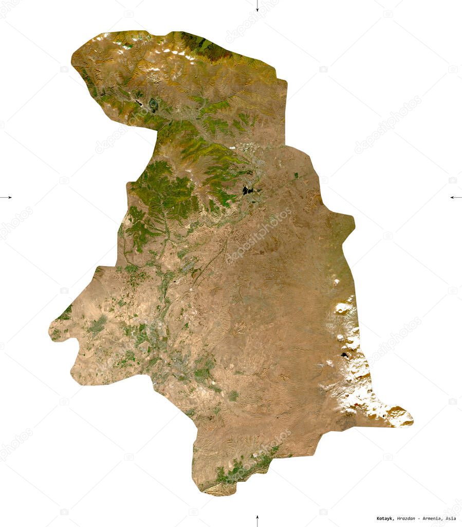 Kotayk, province of Armenia. Sentinel-2 satellite imagery. Shape isolated on white solid. Description, location of the capital. Contains modified Copernicus Sentinel data