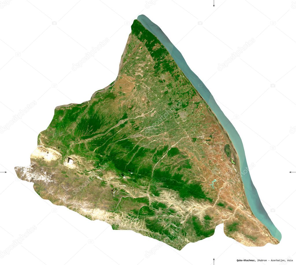 Quba-Khachmaz, region of Azerbaijan. Sentinel-2 satellite imagery. Shape isolated on white. Description, location of the capital. Contains modified Copernicus Sentinel data