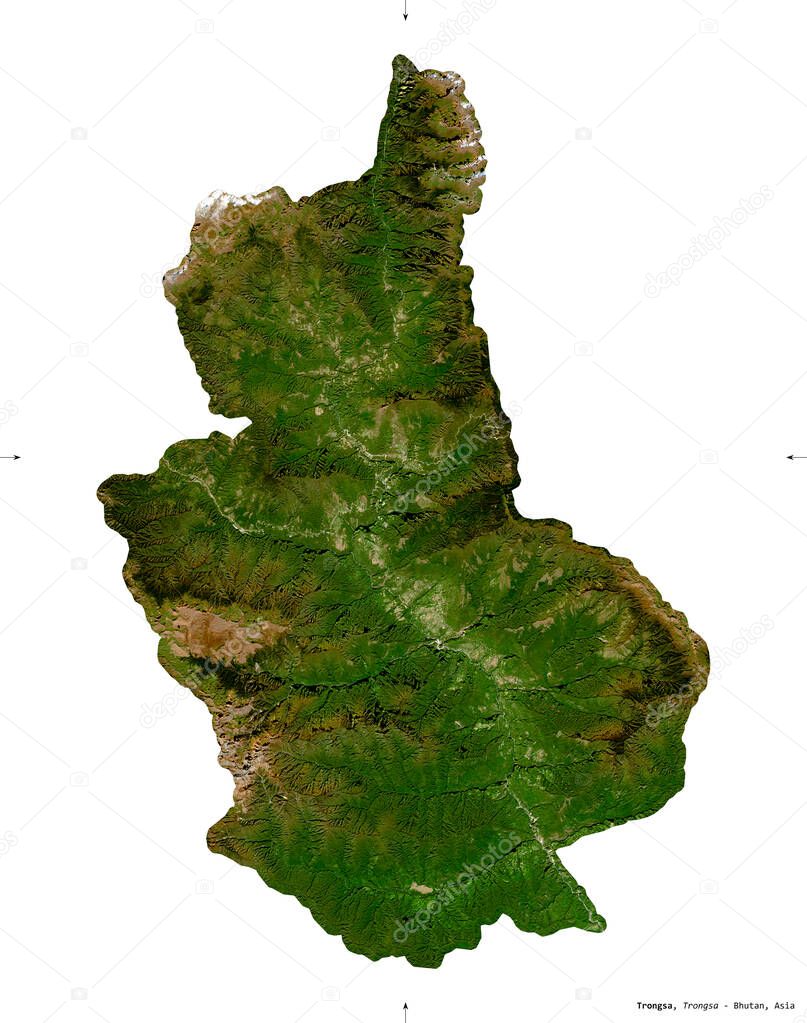 Trongsa, district of Bhutan. Sentinel-2 satellite imagery. Shape isolated on white solid. Description, location of the capital. Contains modified Copernicus Sentinel data