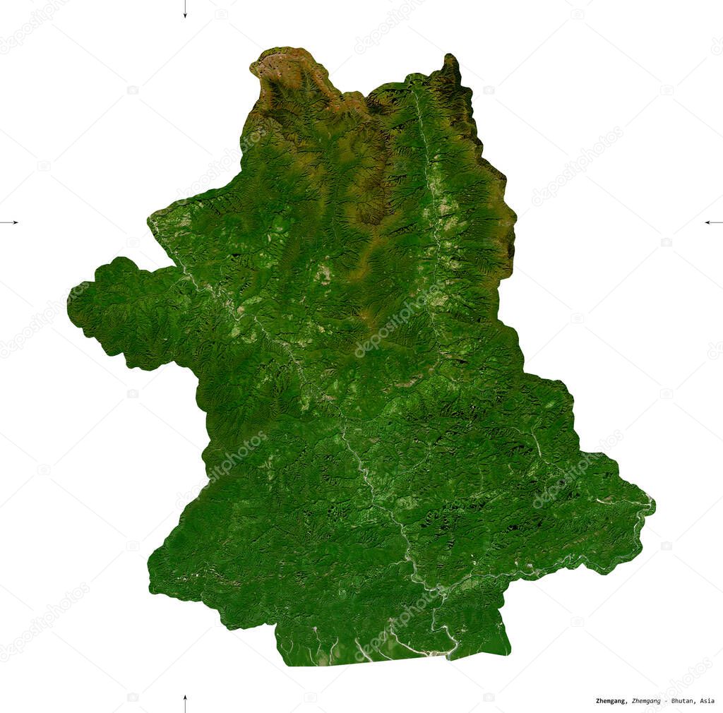 Zhemgang, district of Bhutan. Sentinel-2 satellite imagery. Shape isolated on white solid. Description, location of the capital. Contains modified Copernicus Sentinel data