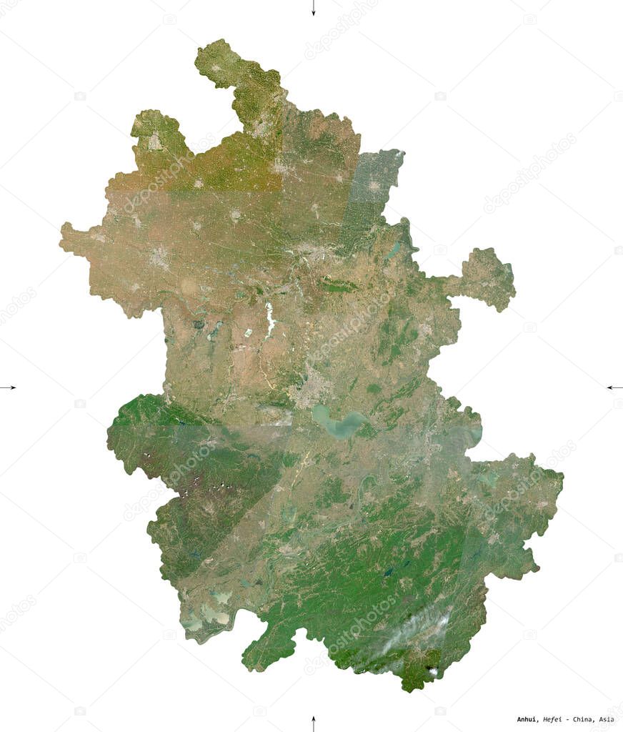 Anhui, province of China. Sentinel-2 satellite imagery. Shape isolated on white solid. Description, location of the capital. Contains modified Copernicus Sentinel data