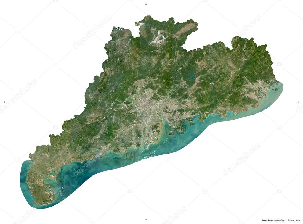 Guangdong, province of China. Sentinel-2 satellite imagery. Shape isolated on white solid. Description, location of the capital. Contains modified Copernicus Sentinel data