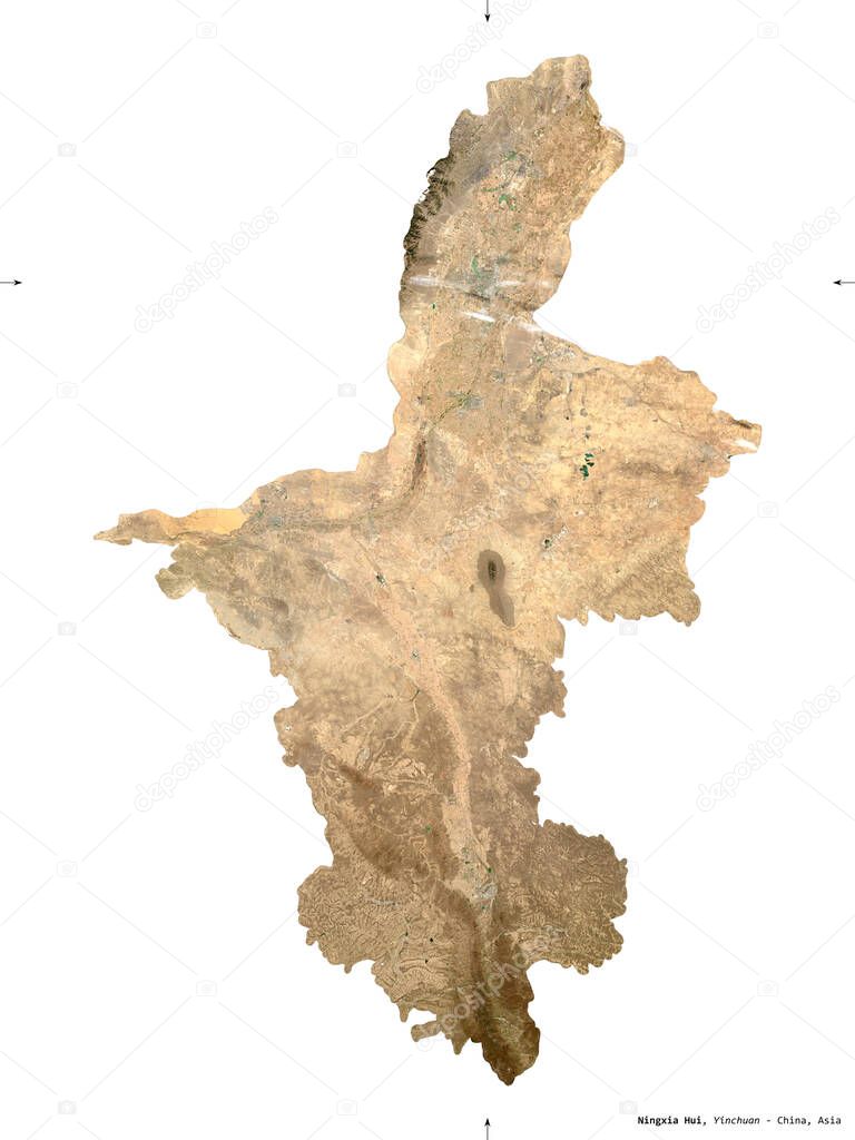 Ningxia Hui, autonomous region of China. Sentinel-2 satellite imagery. Shape isolated on white solid. Description, location of the capital. Contains modified Copernicus Sentinel data