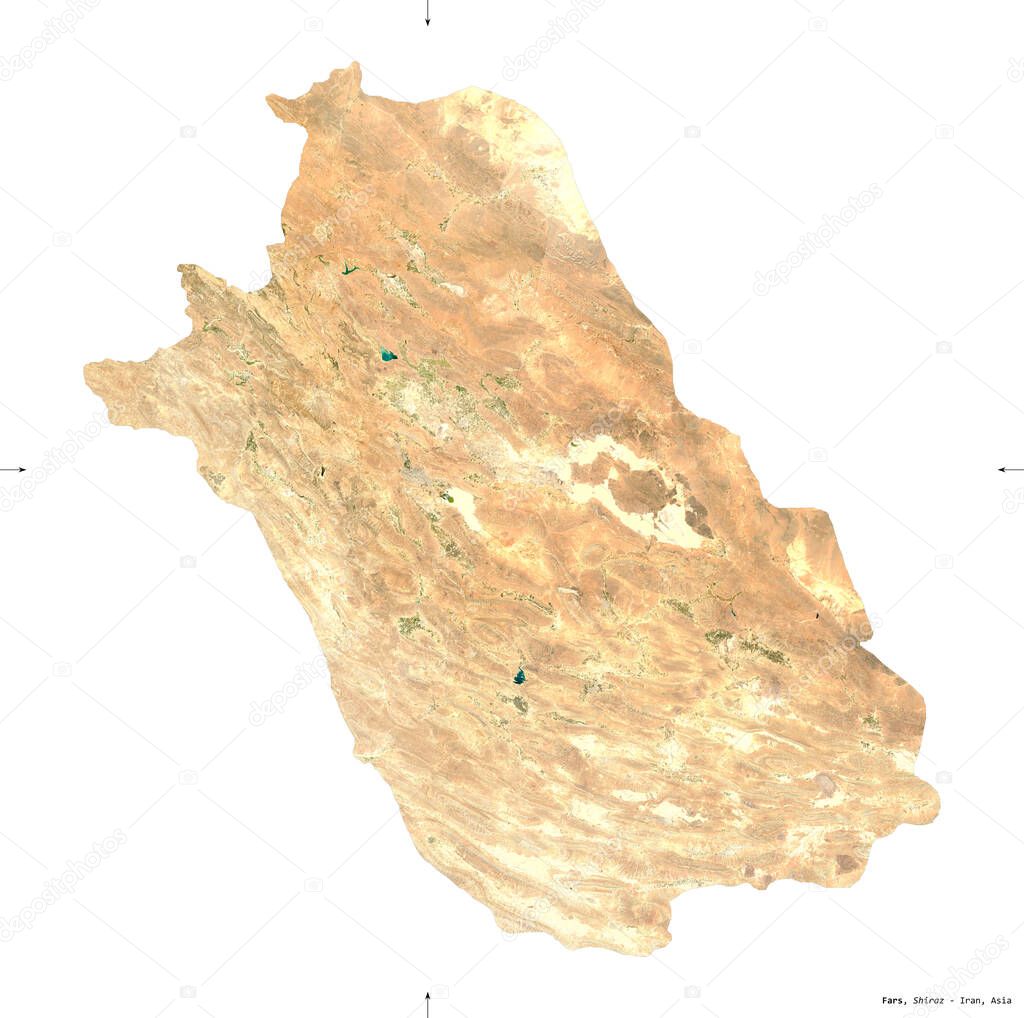 Fars, province of Iran. Sentinel-2 satellite imagery. Shape isolated on white solid. Description, location of the capital. Contains modified Copernicus Sentinel data