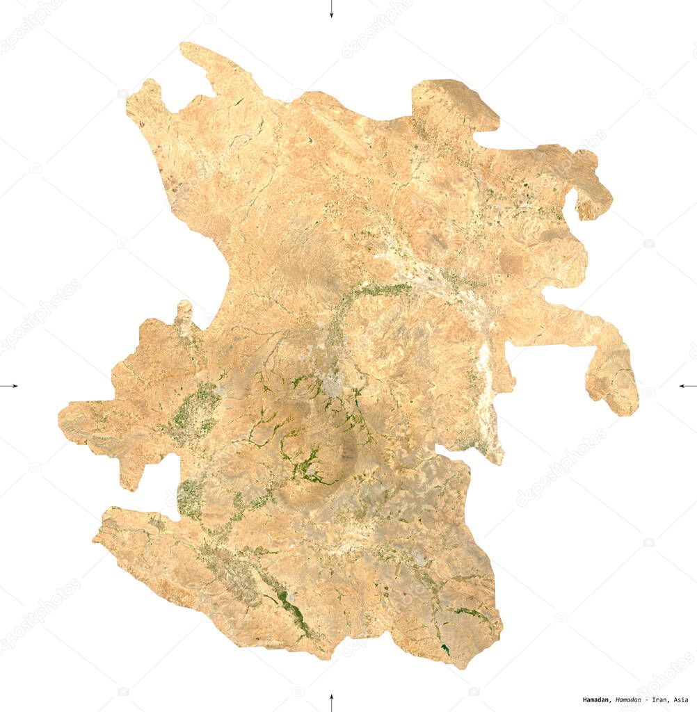 Hamadan, province of Iran. Sentinel-2 satellite imagery. Shape isolated on white solid. Description, location of the capital. Contains modified Copernicus Sentinel data