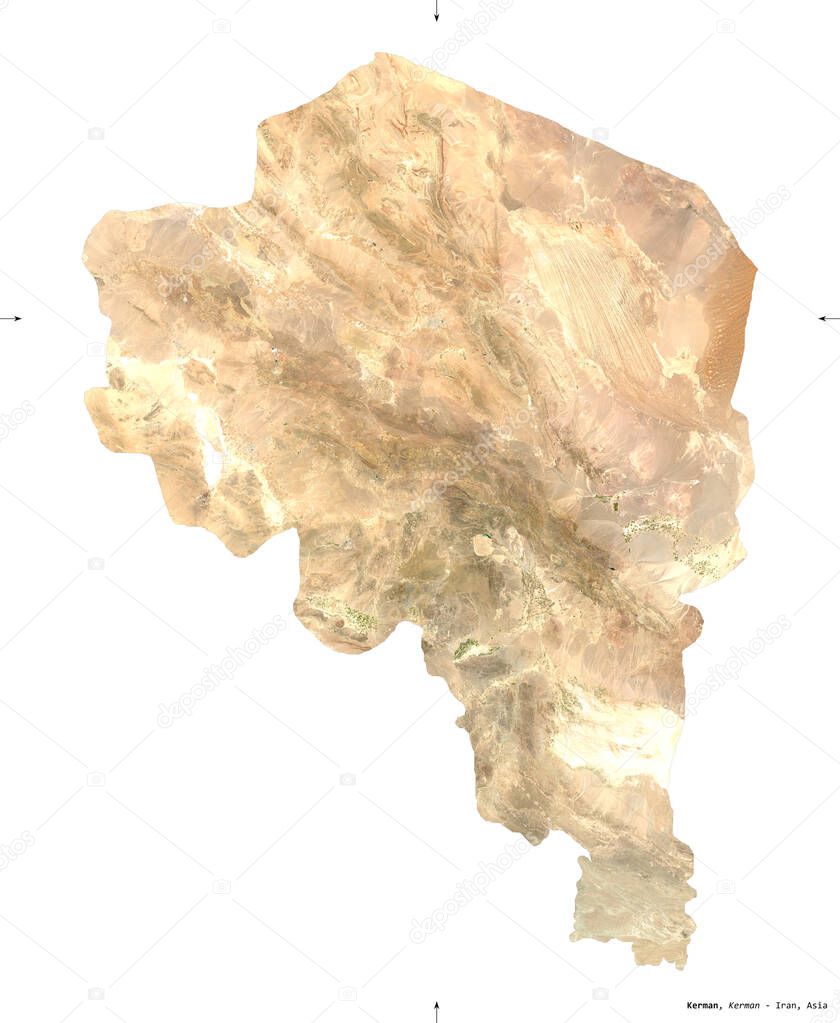 Kerman, province of Iran. Sentinel-2 satellite imagery. Shape isolated on white solid. Description, location of the capital. Contains modified Copernicus Sentinel data