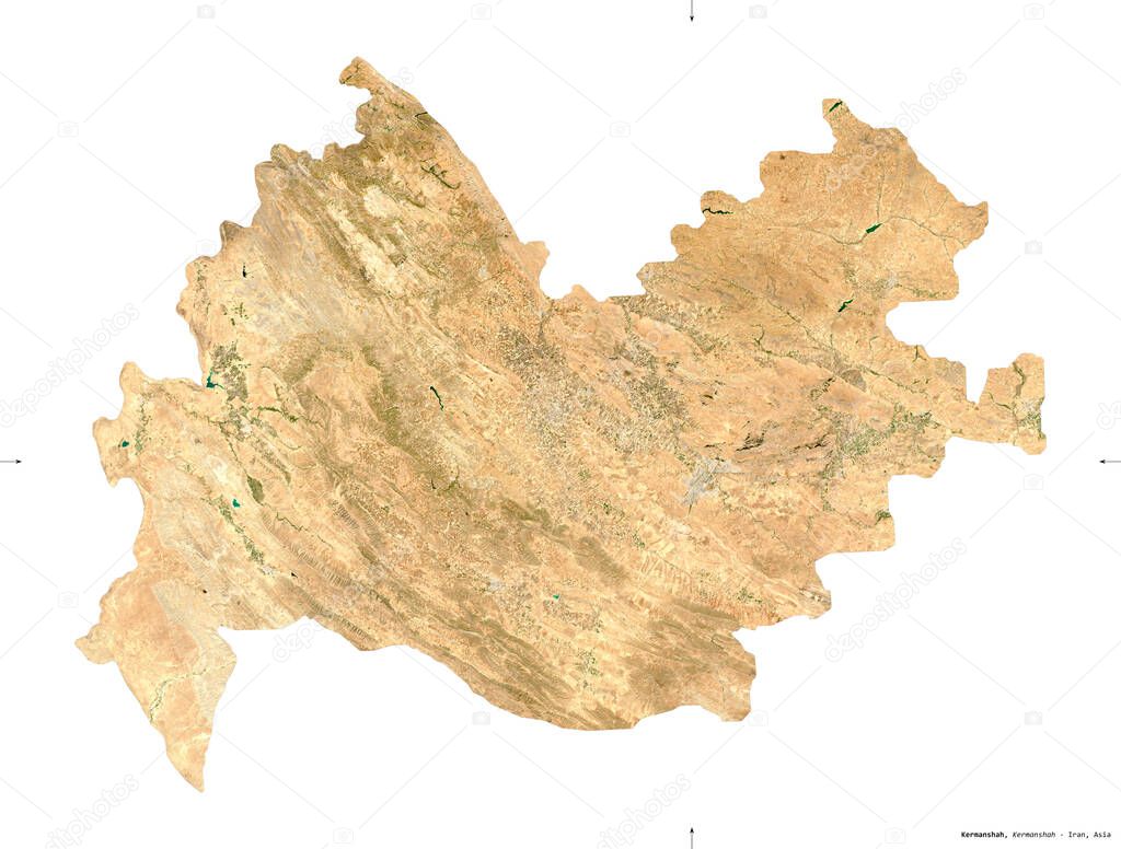 Kermanshah, province of Iran. Sentinel-2 satellite imagery. Shape isolated on white solid. Description, location of the capital. Contains modified Copernicus Sentinel data