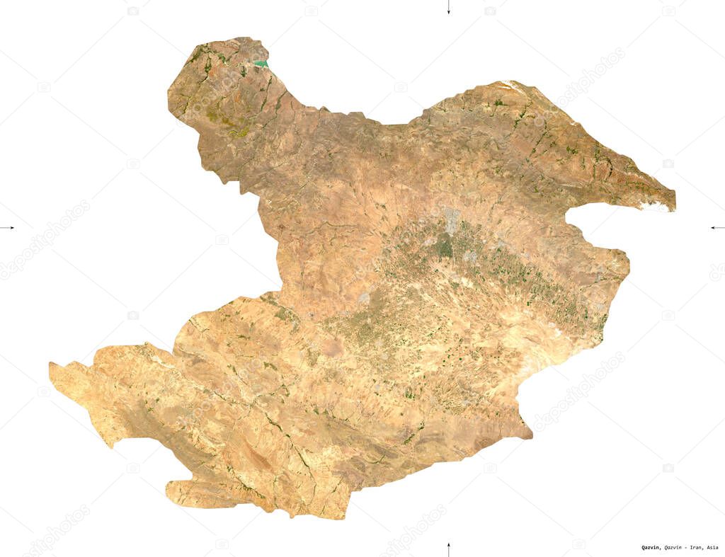 Qazvin, province of Iran. Sentinel-2 satellite imagery. Shape isolated on white solid. Description, location of the capital. Contains modified Copernicus Sentinel data