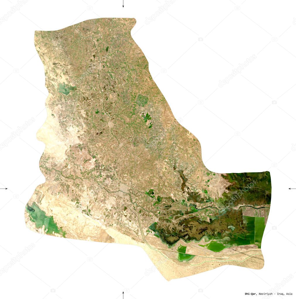 Dhi-Qar, province of Iraq. Sentinel-2 satellite imagery. Shape isolated on white solid. Description, location of the capital. Contains modified Copernicus Sentinel data