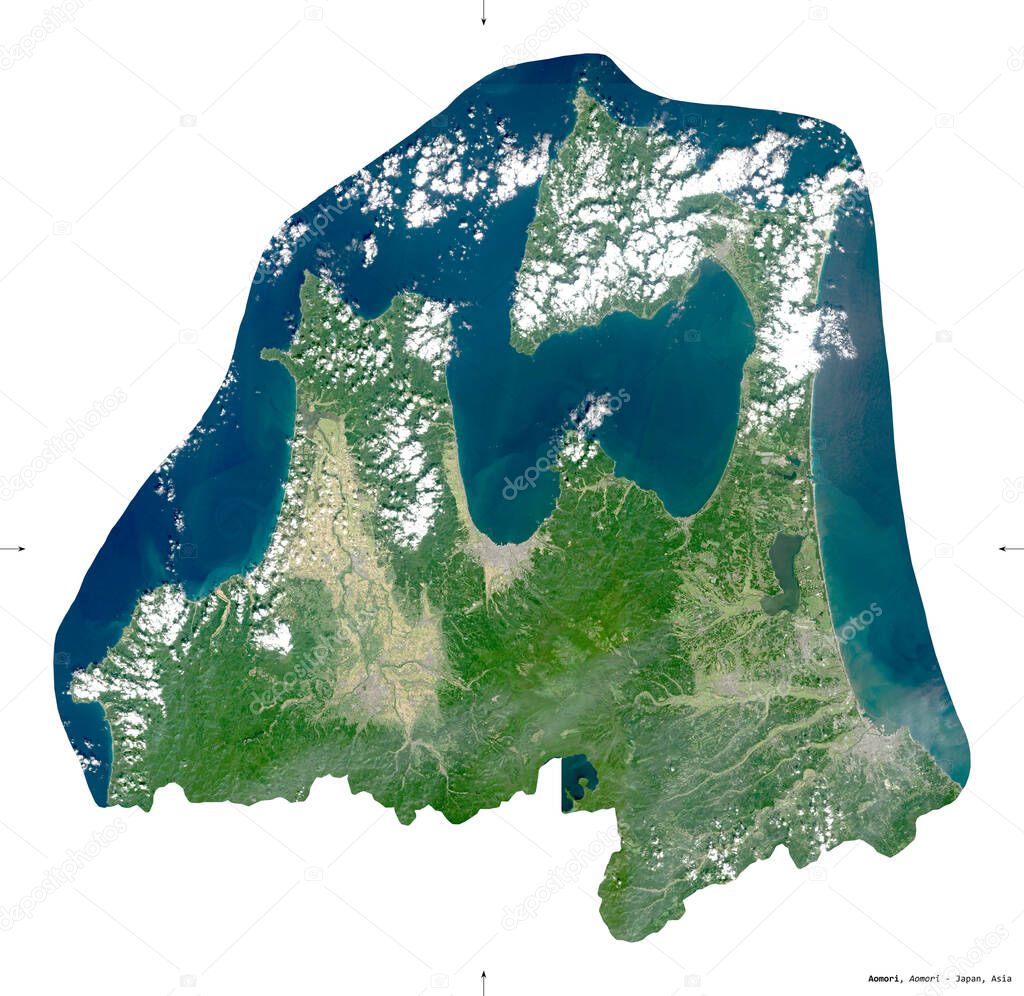 Aomori, prefecture of Japan. Sentinel-2 satellite imagery. Shape isolated on white. Description, location of the capital. Contains modified Copernicus Sentinel data