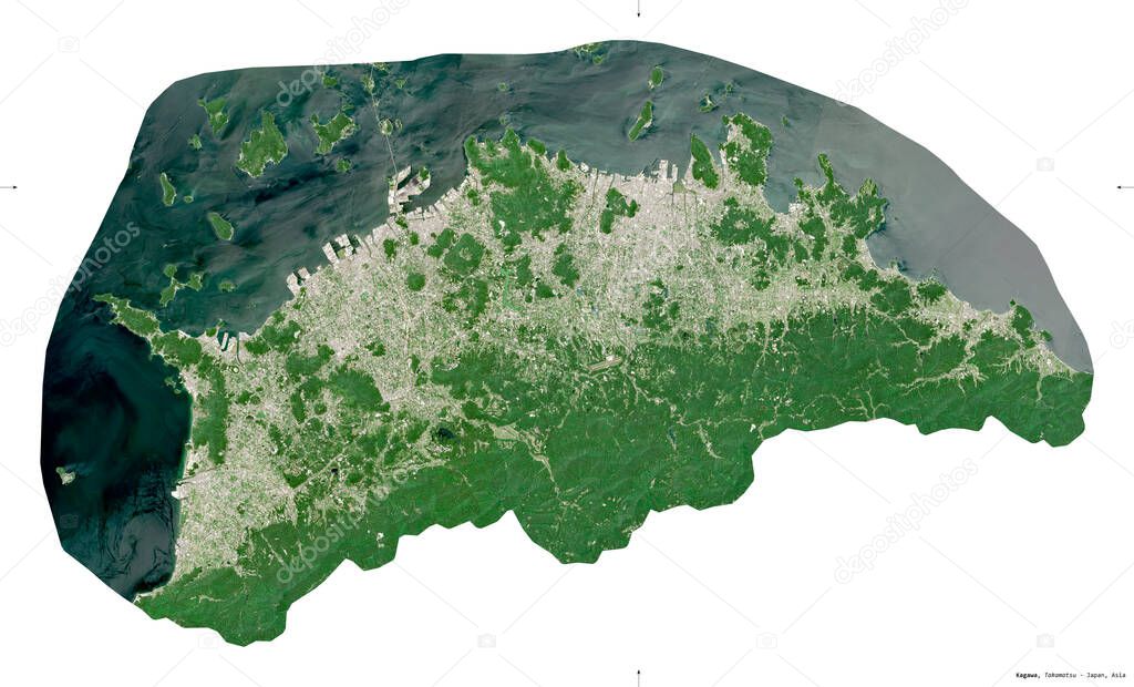 Kagawa, prefecture of Japan. Sentinel-2 satellite imagery. Shape isolated on white. Description, location of the capital. Contains modified Copernicus Sentinel data