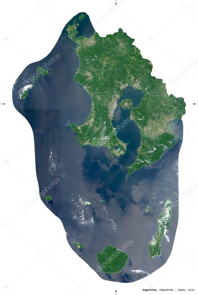 Kagoshima, prefecture of Japan. Sentinel-2 satellite imagery. Shape isolated on white. Description, location of the capital. Contains modified Copernicus Sentinel data