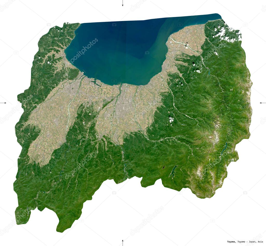 Toyama, prefecture of Japan. Sentinel-2 satellite imagery. Shape isolated on white. Description, location of the capital. Contains modified Copernicus Sentinel data