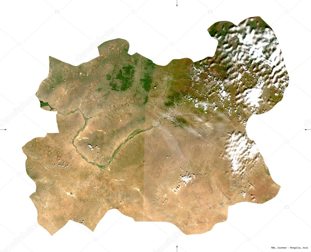 Tov, province of Mongolia. Sentinel-2 satellite imagery. Shape isolated on white solid. Description, location of the capital. Contains modified Copernicus Sentinel data