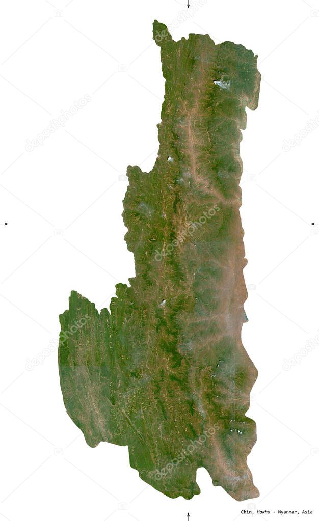 Chin, state of Myanmar. Sentinel-2 satellite imagery. Shape isolated on white solid. Description, location of the capital. Contains modified Copernicus Sentinel data