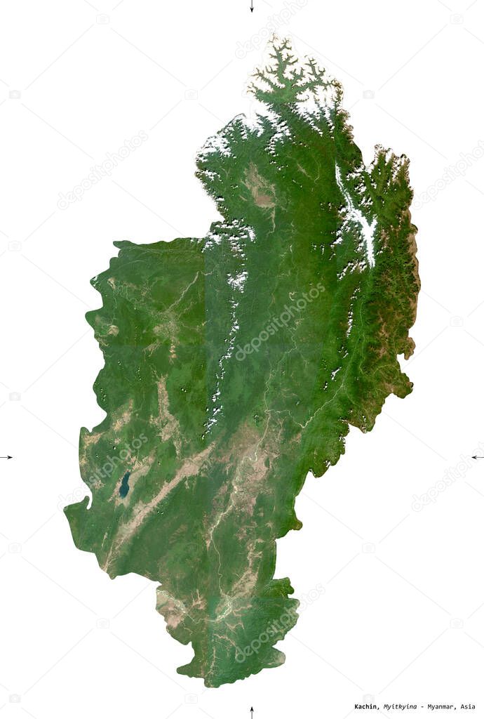 Kachin, state of Myanmar. Sentinel-2 satellite imagery. Shape isolated on white solid. Description, location of the capital. Contains modified Copernicus Sentinel data