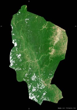 Apayao, Filipinler vilayeti. Sentinel-2 uydu görüntüleri. Siyah üzerine izole edilmiş şekil. Tanımı, başkentin yeri. Değiştirilmiş Kopernik Sentinel verileri içerir