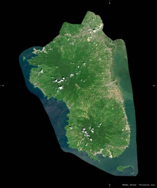 Bataan, Filipinler ili. Sentinel-2 uydu görüntüleri. Siyah üzerine izole edilmiş şekil. Tanımı, başkentin yeri. Değiştirilmiş Kopernik Sentinel verileri içerir