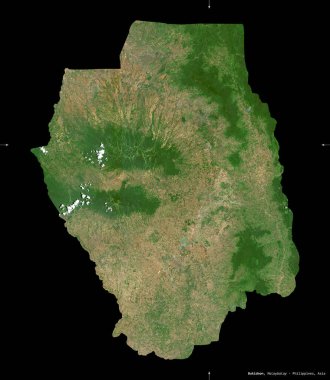 Bukidnon, Filipinler ili. Sentinel-2 uydu görüntüleri. Siyah üzerine izole edilmiş şekil. Tanımı, başkentin yeri. Değiştirilmiş Kopernik Sentinel verileri içerir