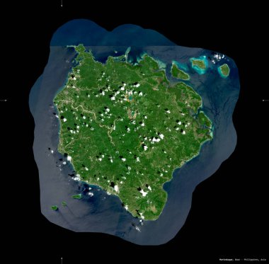 Marinduque, Filipinler. Sentinel-2 uydu görüntüleri. Siyah üzerine izole edilmiş şekil. Tanımı, başkentin yeri. Değiştirilmiş Kopernik Sentinel verileri içerir