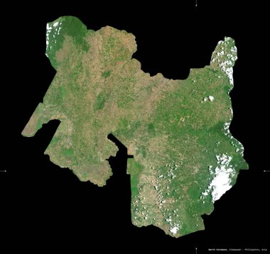 Kuzey Cotabato, Filipinler vilayeti. Sentinel-2 uydu görüntüleri. Siyah üzerine izole edilmiş şekil. Tanımı, başkentin yeri. Değiştirilmiş Kopernik Sentinel verileri içerir