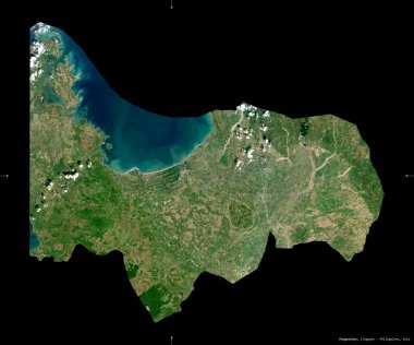 Pangasinan, Filipinler vilayeti. Sentinel-2 uydu görüntüleri. Siyah üzerine izole edilmiş şekil. Tanımı, başkentin yeri. Değiştirilmiş Kopernik Sentinel verileri içerir