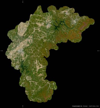 Chungcheongbuk-do, Güney Kore vilayeti. Sentinel-2 uydu görüntüleri. Siyah üzerine izole edilmiş şekil. Tanımı, başkentin yeri. Değiştirilmiş Kopernik Sentinel verileri içerir